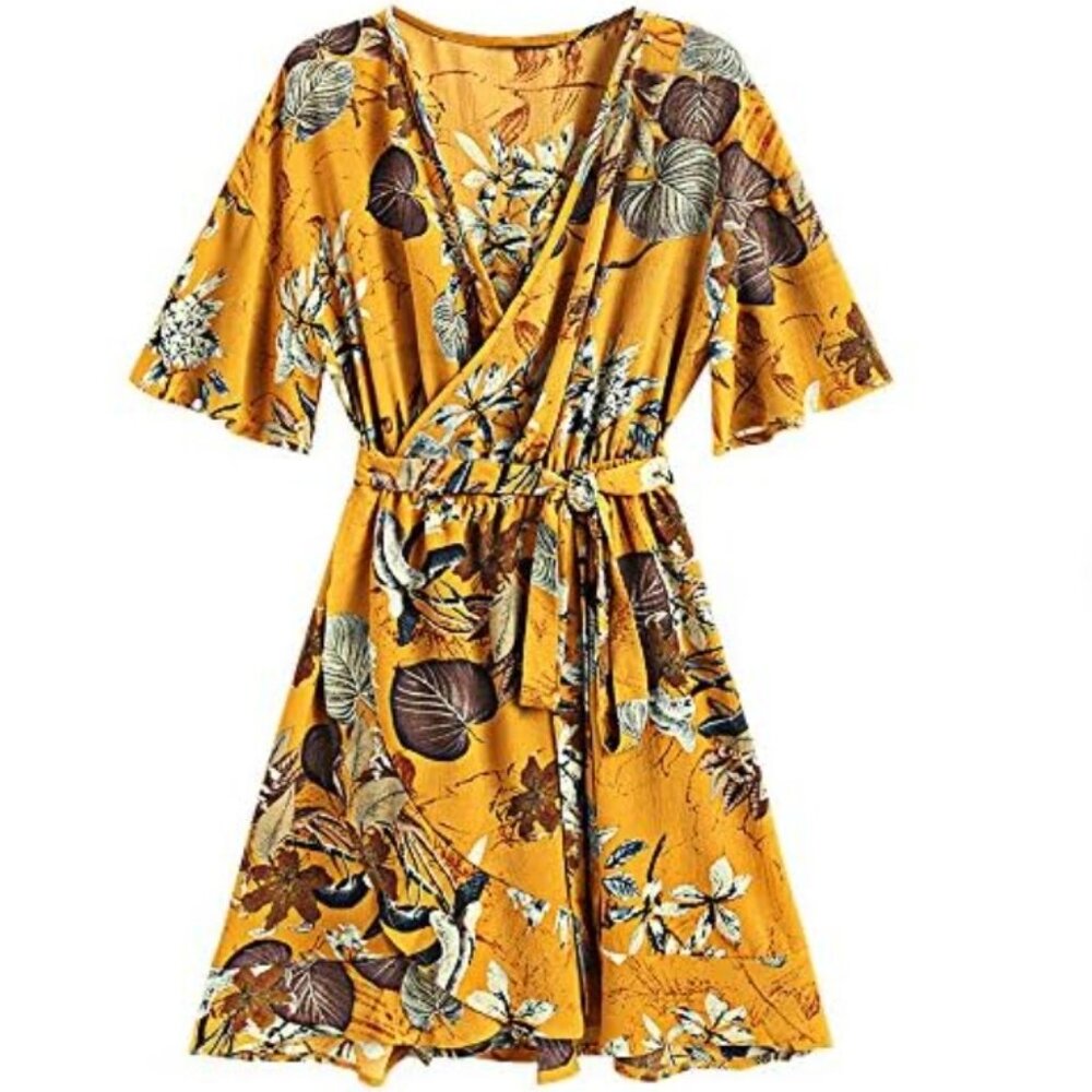 Palm Leaf Print Wrap Dress with Tie Waist